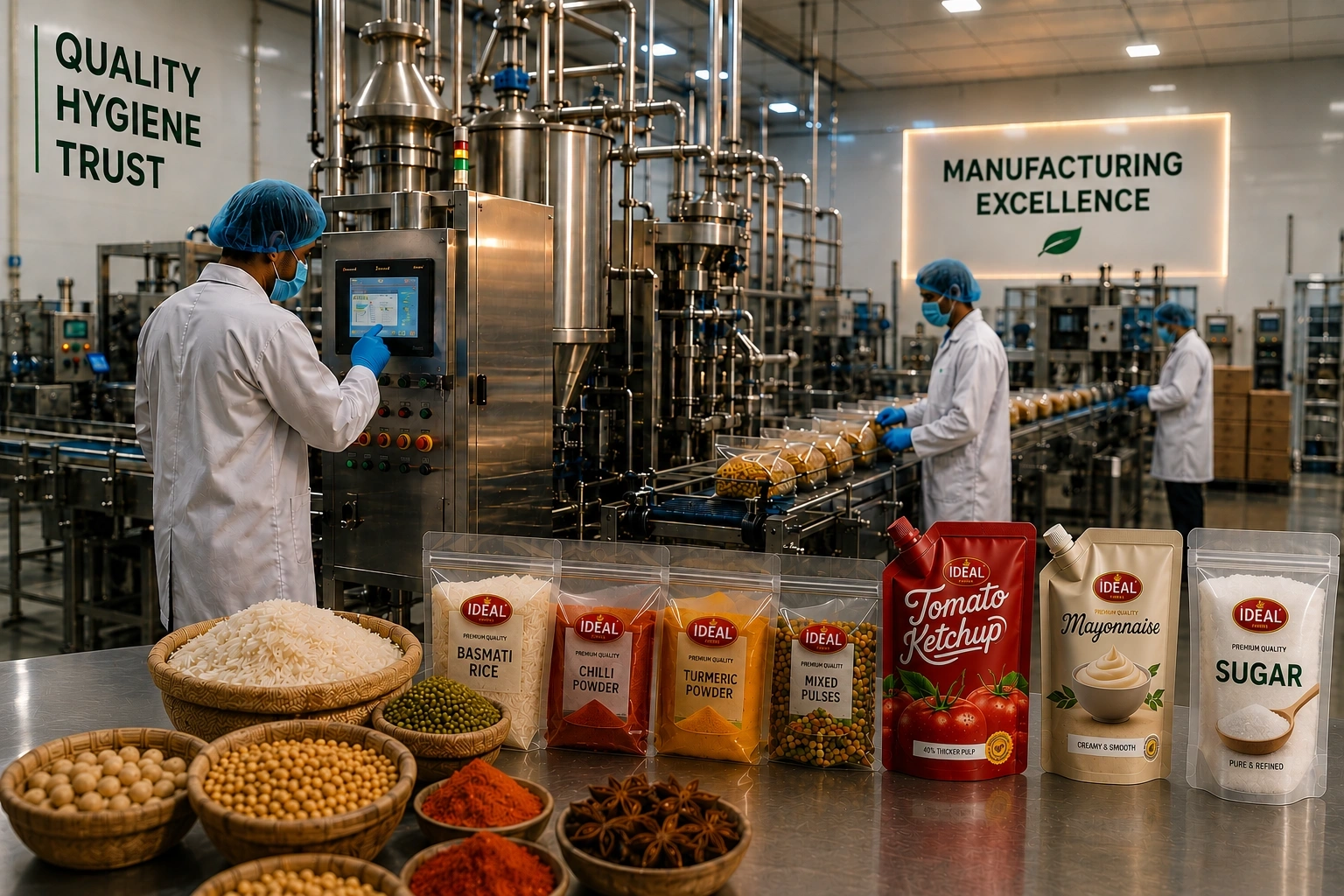 Modern food manufacturing facility with processing machinery